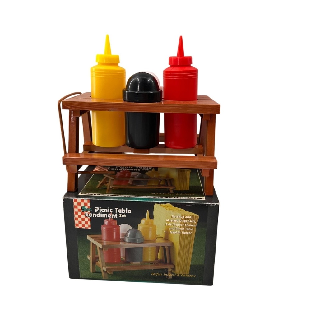 Vintage Picnic Table Condiment Set Ketchup Mustard Dispenser Retro Salt Pepper